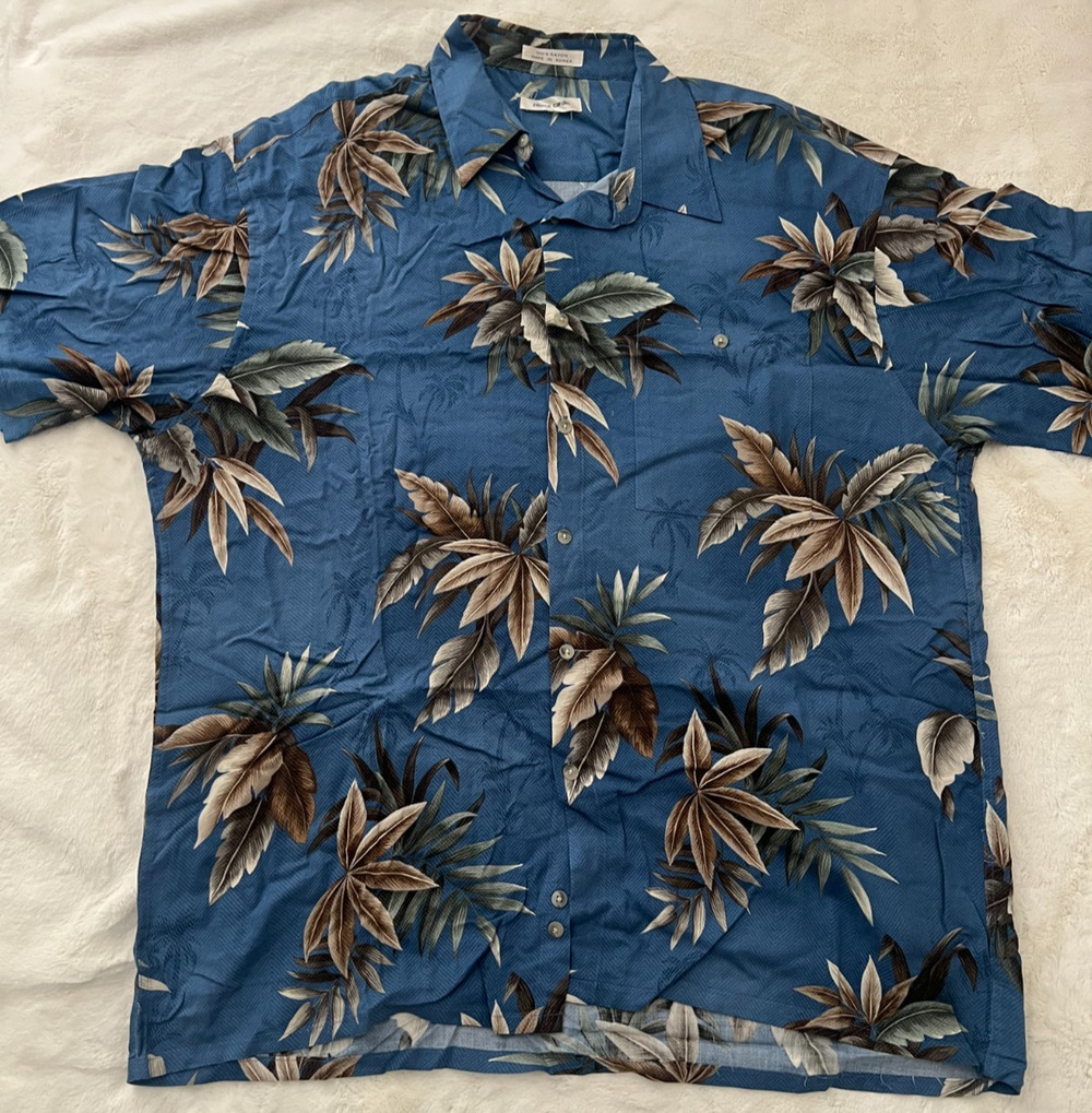 Pierre Cardin Mens 2XL Hawaiian Shirt Blue Tropical Floral Rayon Short Sleeve